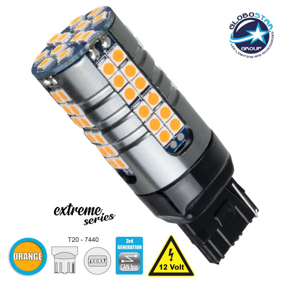 GLOBOSTAR® W21W-T20 81162 Λάμπα W21W T20 7440 CANbus LED 19W 2100lm 360° DC 12V IP20 Πορτοκαλί - 66 x Epistar SMD3030 Chip - Μ2.1 x Π2.1 x Υ5.8cm - 1 Χρόνο Εγγύηση