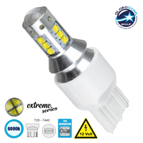 GloboStar® 81165 Λάμπα Αυτοκίνητου T20 - 7440 - W21W 3rd Generation Can-Bus Extreme Series LED 16 CREE XBD 5.4W 760lm 360° DC 12V IP20 Ψυχρό Λευκό 6000K