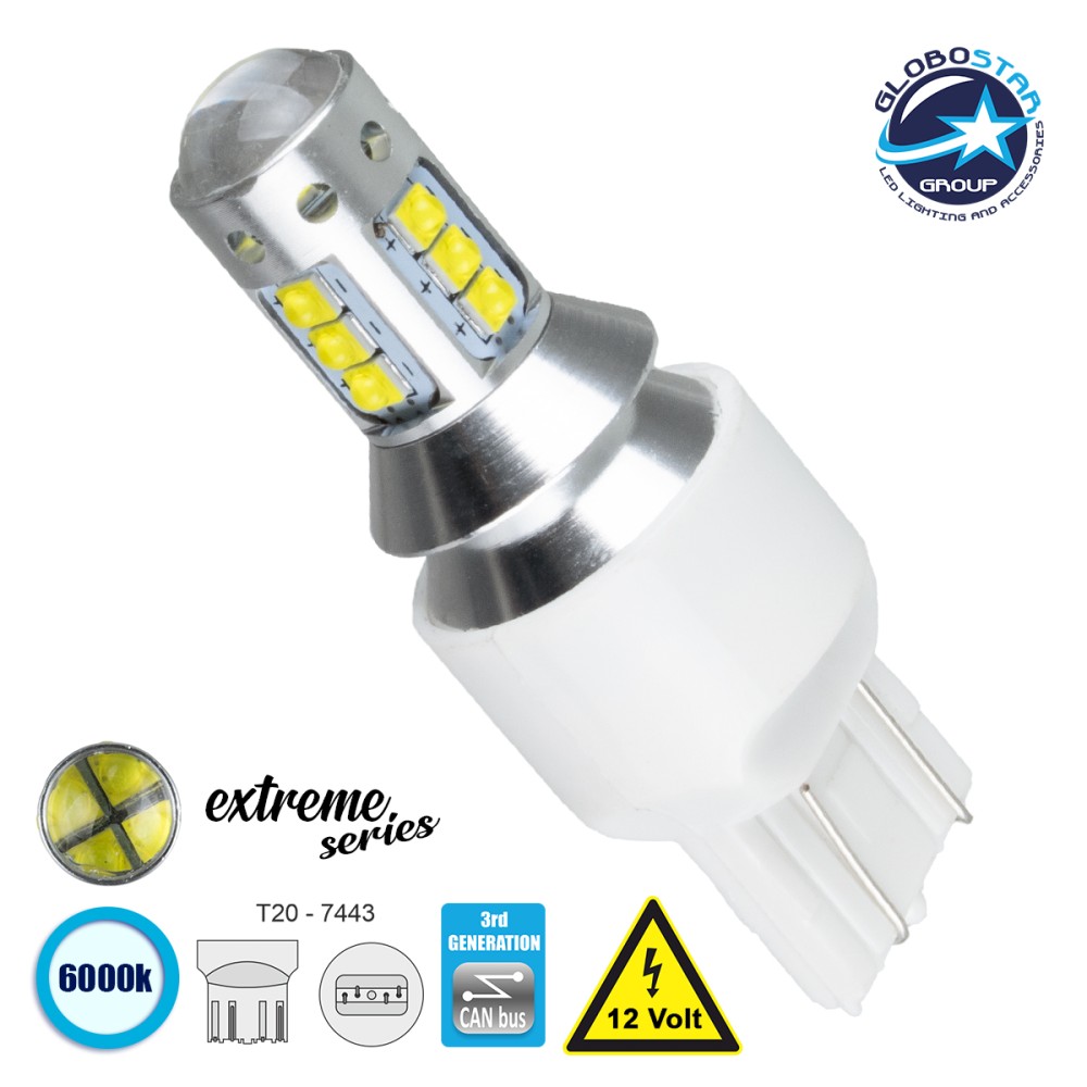 GloboStar® 81166 Λάμπα Αυτοκίνητου T20 - 7443 - W21/5W 3rd Generation Can-Bus Extreme Series LED 16 CREE XBD 5.4W 760lm 360° DC 12V IP20 Ψυχρό Λευκό 6000K