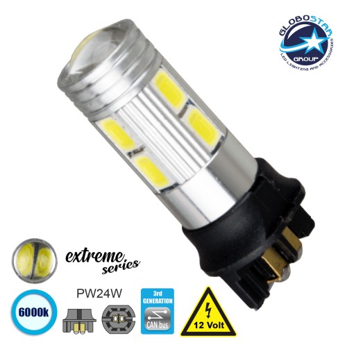 GLOBOSTAR® PW24W 81172 Λάμπα PW24W CANbus LED 4.5W 320lm 360° DC 12V IP20 Ψυχρό Λευκό 6000K - 10 x Epistar SMD5630 Chip - Μ1.6 x Π1.6 x Υ3.9cm - 1 Χρόνο Εγγύηση