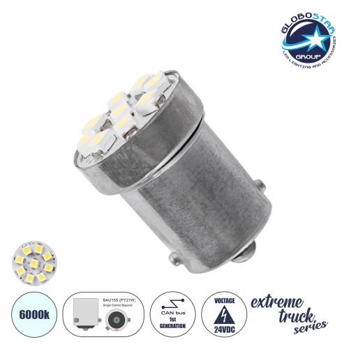 GloboStar® 81201 Λάμπα Αυτοκίνητου 1156 - BA15S - P21W 1st Generation Can-Bus Extreme Truck Series LED 9 SMD 1206 0.5W 63lm 120° DC 24-30V IP20 Ψυχρό Λευκό 6000K