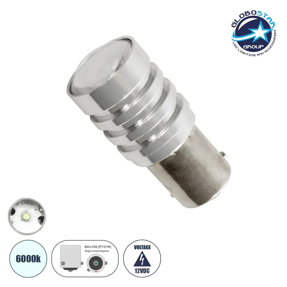 GLOBOSTAR® PΥ21W-7507 81215 Λάμπα PΥ21W 7507 BAU15S LED 10W 780lm 360° DC 12V IP20 Ψυχρό Λευκό 6000K - 1 x CREE XPE Chip - Μ2 x Π2 x Υ4.5cm - 1 Χρόνο Εγγύηση