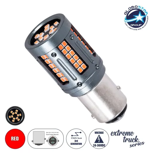 GloboStar® 81273 Λάμπα Αυτοκινήτου & Φορτηγού LED 1157 - BAY15D - P21/5W 3rd Generation Can-Bus Extreme Truck Series 84xSMD3030 9.6W 1152lm 360° DC 24-36V IP20 Φ2 x Υ5cm Κόκκινο