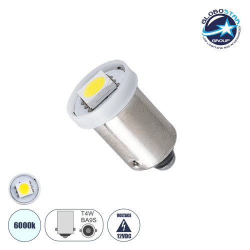 GLOBOSTAR® BA9S-T4W 81282 Λάμπα Ba9S T4W LED 0.12W 12lm 120° DC 12V IP20 Ψυχρό Λευκό 6000K - 1 x Epistar SMD5050 Chip - Μ1.1 x Π1.1 x Υ1.6cm - 1 Χρόνο Εγγύηση