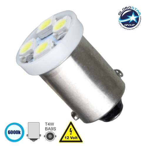 GLOBOSTAR® BA9S-T4W 81283 Λάμπα Ba9S T4W LED 0.15W 32lm 120° DC 12V IP20 Ψυχρό Λευκό 6000K - 4 x Epistar SMD1210 Chip - Μ1.1 x Π1.1 x Υ1.6cm - 1 Χρόνο Εγγύηση