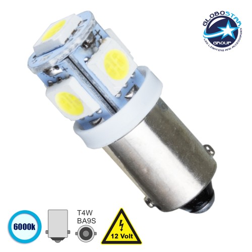 GLOBOSTAR® BA9S-T4W 81284 Λάμπα Ba9S T4W LED 0.48W 100lm 360° DC 12V IP20 Ψυχρό Λευκό 6000K - 5 x Epistar SMD5050 Chip - Μ1.1 x Π1.1 x Υ2.5cm - 1 Χρόνο Εγγύηση