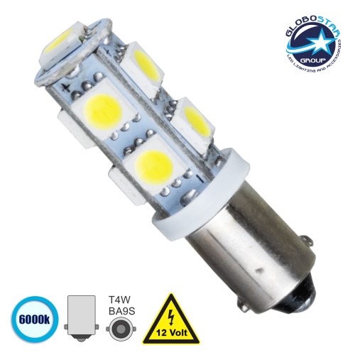 GloboStar® T4W BA9S 81285 Λάμπα Αυτοκίνητου LED 9 SMD 5050 3W 450lm 360° DC 12V IP20 Ψυχρό Λευκό 6000K