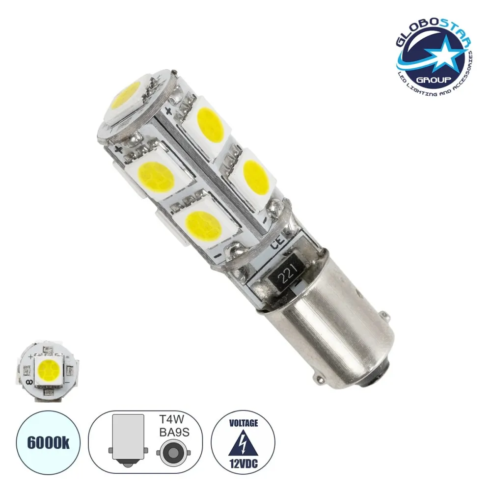 GLOBOSTAR® BA9S-T4W 81289 Λάμπα Ba9S T4W LED 2.66W 266lm 270° DC 12V IP20 Ψυχρό Λευκό 6000K - 9 x Epistar SMD5050 Chip - Μ1 x Π1 x Υ4cm - 1 Χρόνο Εγγύηση