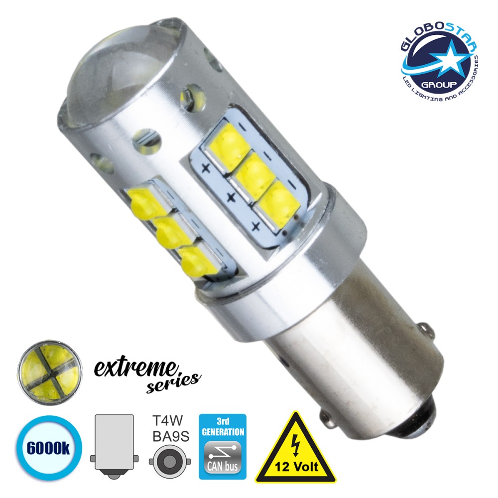 GLOBOSTAR® BA9S-T4W 81295 Λάμπα Ba9S T4W CANbus LED 3.5W 760lm 360° DC 12V IP20 Ψυχρό Λευκό 6000K - 16 x CREE XBD Chip - Μ1.1 x Π1.1 x Υ4cm - 1 Χρόνο Εγγύηση