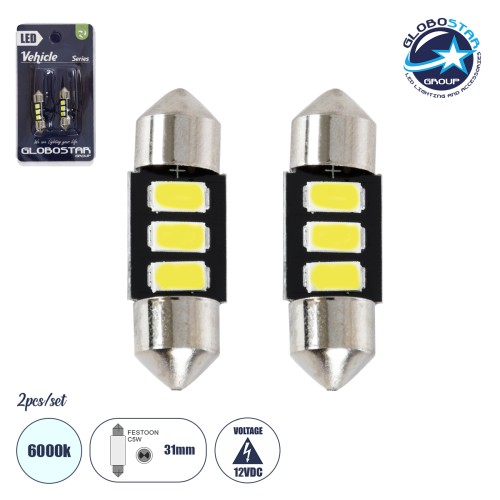 GLOBOSTAR® C5W 81301-B Σωληνωτή Λάμπα C5W 31mm LED 0.36W/0.72W 120lm/240lm 120° DC 12V IP20 Ψυχρό Λευκό 6000K - 3 x Epistar SMD5630 Chip - Μ3.1 x Π0.9 x Υ0.9cm - Πακέτο Blister 2 Τεμαχίων - 1 Χρόνο Εγγύηση