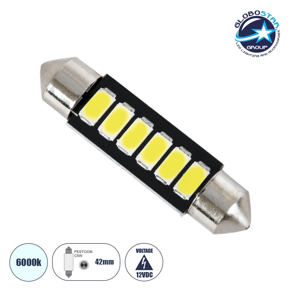 GLOBOSTAR® C5W 81304 Σωληνωτή Λάμπα C5W 42mm LED 0.72W 240lm 120° DC 12V IP20 Ψυχρό Λευκό 6000K - 6 x Epistar SMD5630 Chip - Μ4.2 x Π0.9 x Υ0.9cm - 1 Χρόνο Εγγύηση