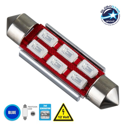 GloboStar® C5W 81323 Λάμπα Αυτοκίνητου 42mm FESTOON  2nd Generation Can-Bus Series LED 6 SMD 5630 4W 480lm 120° DC 12V IP20 Μπλε