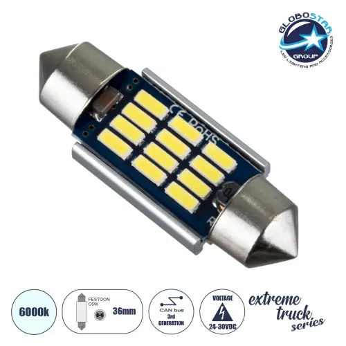 GLOBOSTAR® C5W 81329 Σωληνωτή Λάμπα C5W 36mm CANbus LED 1.2W 180lm 120° DC 24-30V IP20 Ψυχρό Λευκό 6000K - 12 x Epistar SMD4014 - Μ3.6 x Π1.2 x Υ1.2cm - 1 Χρόνο Εγγύηση