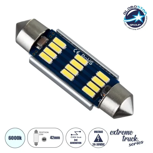 GLOBOSTAR® C5W 81331 Σωληνωτή Λάμπα C5W 42mm CANbus LED 1.2W 180lm 120° DC 24-30V IP20 Ψυχρό Λευκό 6000K - 12 x Epistar SMD4014 - Μ4.2 x Π1.2 x Υ1.2cm - 1 Χρόνο Εγγύηση