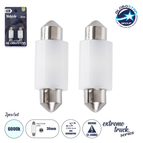 GLOBOSTAR® C5W 81333-B Σωληνωτή Λάμπα C5W 36mm CANbus LED 1.92W/3.84W 100lm/200lm 120° DC 12-24V IP20 Ψυχρό Λευκό 6000K - 2 x Epistar SMD3030 Chip - Μ3.6 x Π1.2 x Υ1cm - Πακέτο Blister 2 Τεμαχίων - 1 Χρόνο Εγγύηση
