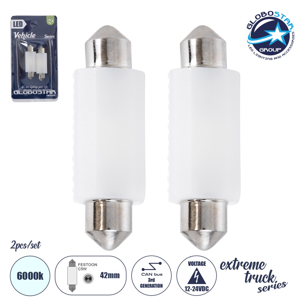 GLOBOSTAR® C5W 81335-B Σωληνωτή Λάμπα C5W 42mm CANbus LED 1.92W/3.84W 100lm/200lm 120° DC 12-24V IP20 Ψυχρό Λευκό 6000K - 2 x Epistar SMD3030 Chip - Μ4.2 x Π1.2 x Υ1cm - Πακέτο Blister 2 Τεμαχίων - 1 Χρόνο Εγγύηση