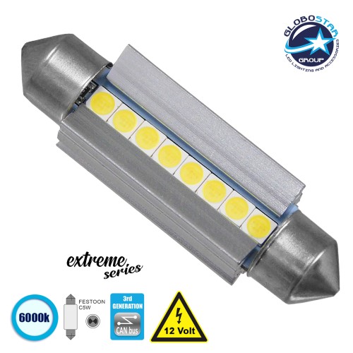 GloboStar® C5W 81340 Λάμπα Αυτοκινήτου 42mm FESTOON  3rd Generation Can-Bus Extreme Series LED 8 SMD 3030 8W 1200lm 120° DC 12V IP20 Ψυχρό Λευκό 6000K