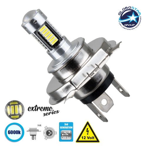 GloboStar® 81413 Λάμπα Αυτοκίνητου H4 3rd Generation Can-Bus Extreme Series LED 30 SMD 4014 6W 900lm 360° DC 12V IP20 Ψυχρό Λευκό 6000K