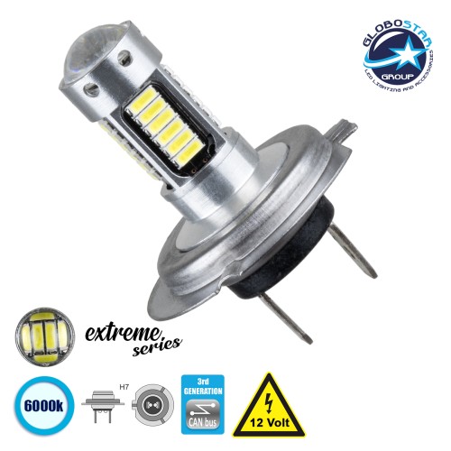 GloboStar® 81414 Λάμπα Αυτοκίνητου H7 3rd Generation Can-Bus Extreme Series LED 30 SMD 4014 2.8W 300lm 360° DC 12V IP20 Ψυχρό Λευκό 6000K