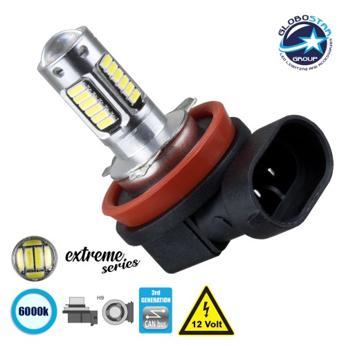 GloboStar® 81416 Λάμπα Αυτοκίνητου H9 3rd Generation Can-Bus Extreme Series LED 30 SMD 4014 2.8W 300lm 360° DC 12V IP20 Ψυχρό Λευκό 6000K