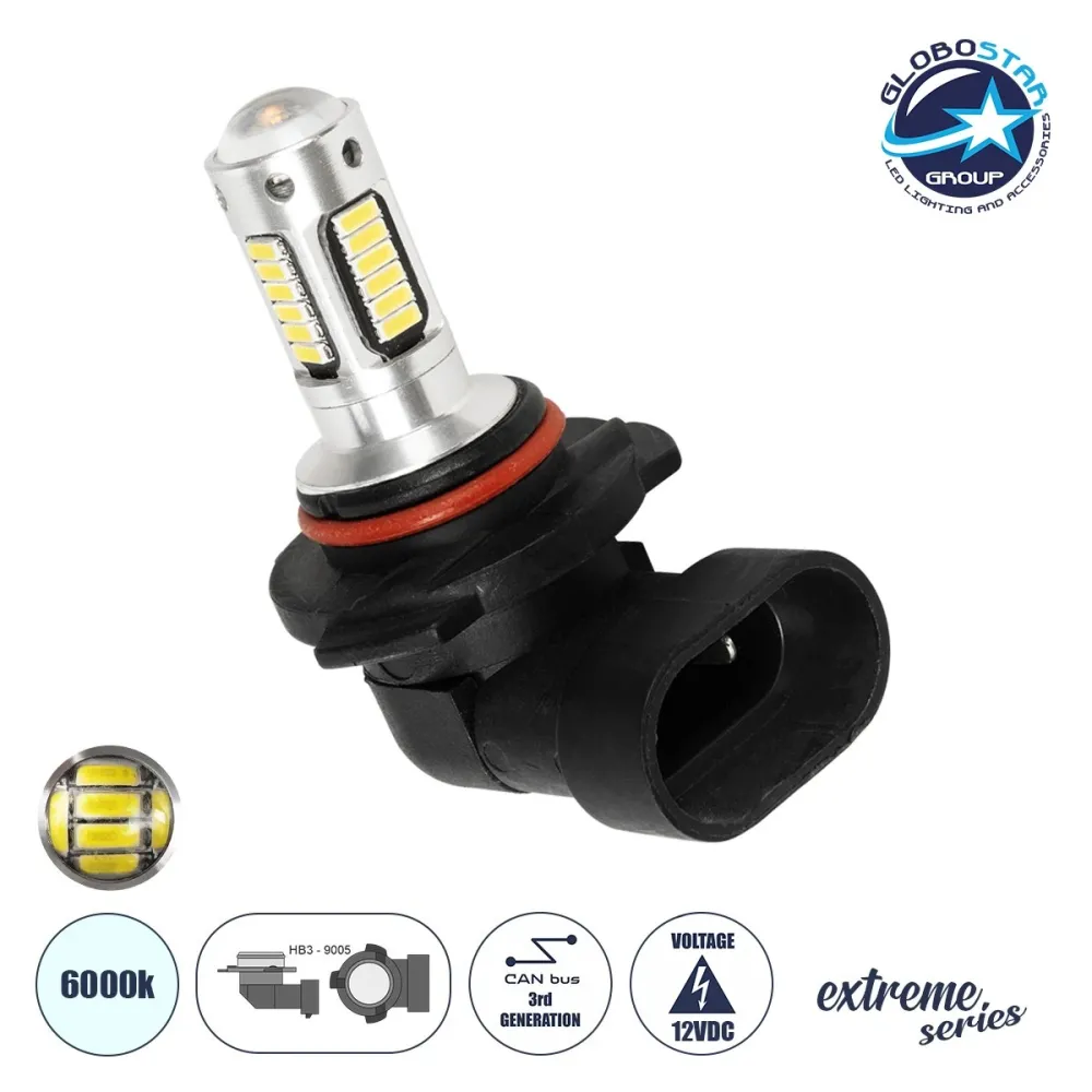 GloboStar® 81420 Λάμπα Αυτοκίνητου HB3 9005 3rd Generation Can-Bus Extreme Series LED 30 SMD 4014 6W 900lm 360° DC 12V IP20 Ψυχρό Λευκό 6000K
