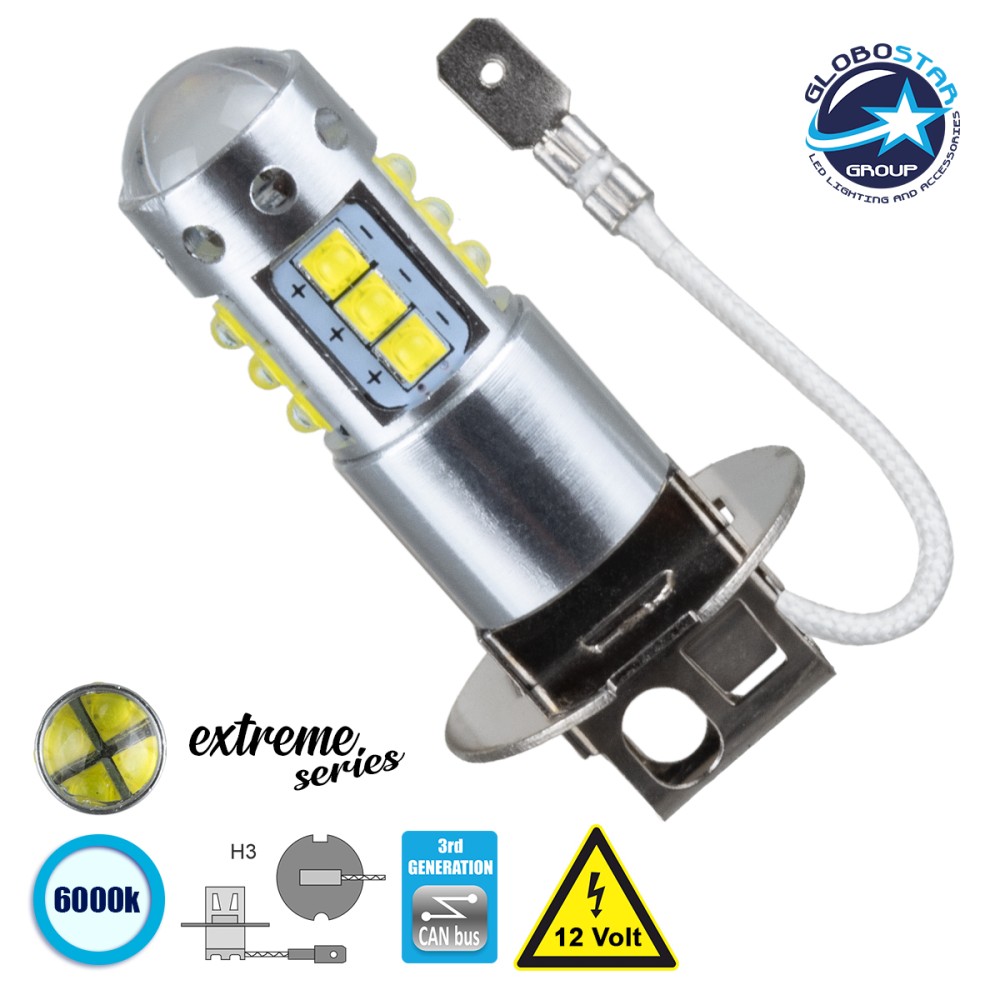 GLOBOSTAR® H3 81434 Λάμπα H3 CANbus LED 3.5W 760lm 360° DC 12V IP20 Ψυχρό Λευκό 6000K - 16 x CREE XBD Chip - Μ2.2 x Π2.2 x Υ4.4cm - 1 Χρόνο Εγγύηση