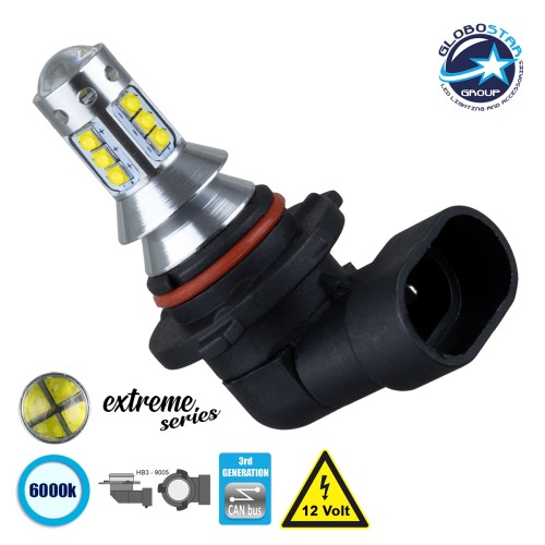 GLOBOSTAR® HB3-9005 81442 Λάμπα HB3 9005 CANbus LED 3.5W 760m 360° DC 12V IP20 Ψυχρό Λευκό 6000K - 16 x CREE XBD Chip - Μ3.9 x Π3.1 x Υ5.1cm - 1 Χρόνο Εγγύηση