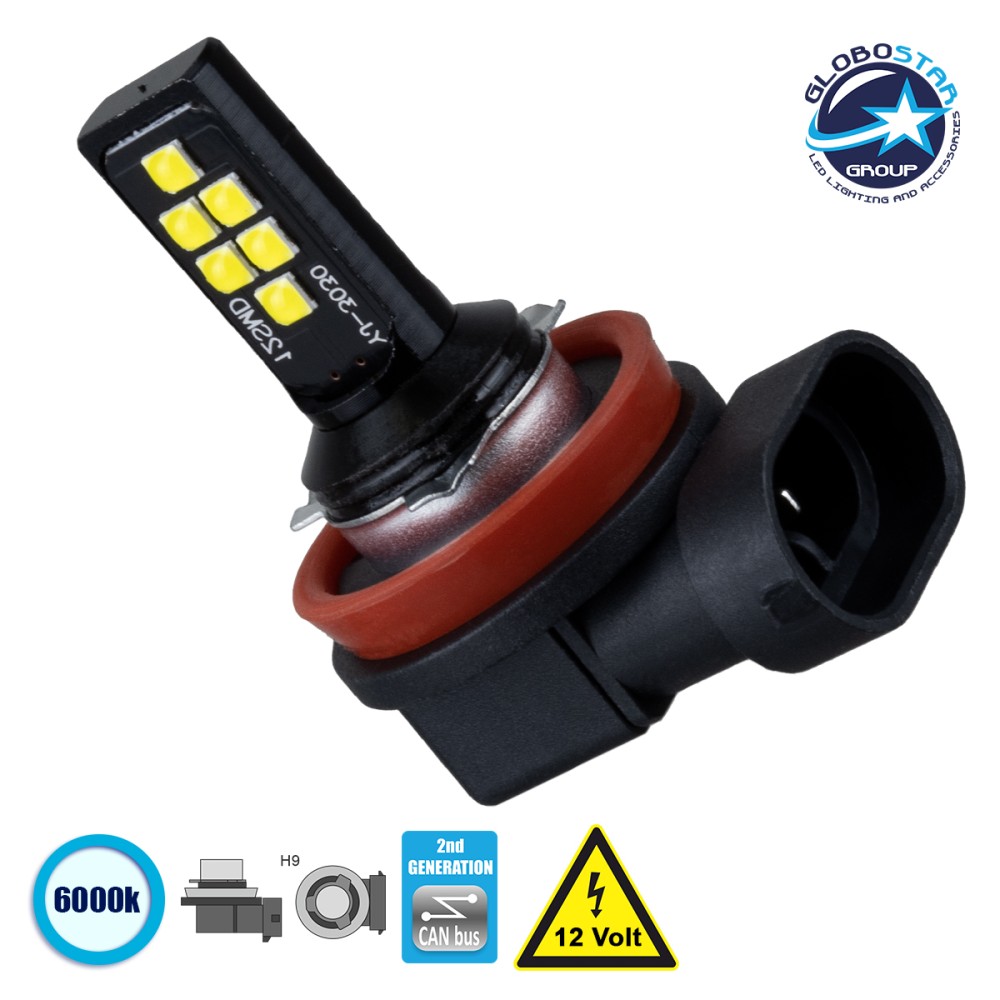 GloboStar® 81449 Λάμπα Αυτοκίνητου H9 2nd Generation Can-Bus Series LED 12 SMD 3030 4W 440lm 360° DC 12V IP20 Ψυχρό Λευκό 6000K