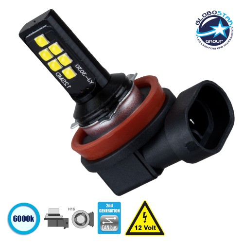 GloboStar® 81452 Λάμπα Αυτοκίνητου H16 2nd Generation Can-Bus Series LED 12 SMD 3030 4W 440lm 360° DC 12V IP20 Ψυχρό Λευκό 6000K