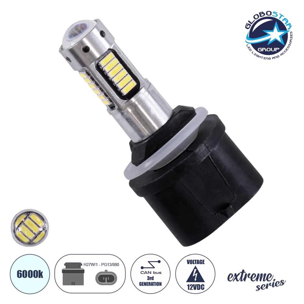 GLOBOSTAR® H27W/1 81455 Λάμπα H27W/1 PG13/880 CANbus LED 2.8W 300lm 360° DC 12V IP20 Ψυχρό Λευκό 6000K - 30 x Epistar SMD4014 Chip - Μ2.6 x Π2.6 x Υ5.7cm - 1 Χρόνο Εγγύηση