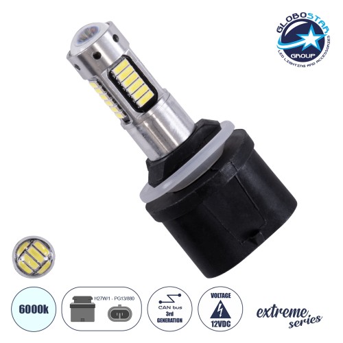 GLOBOSTAR® H27W/1 81455 Λάμπα H27W/1 PG13/880 CANbus LED 2.8W 300lm 360° DC 12V IP20 Ψυχρό Λευκό 6000K - 30 x Epistar SMD4014 Chip - Μ2.6 x Π2.6 x Υ5.7cm - 1 Χρόνο Εγγύηση