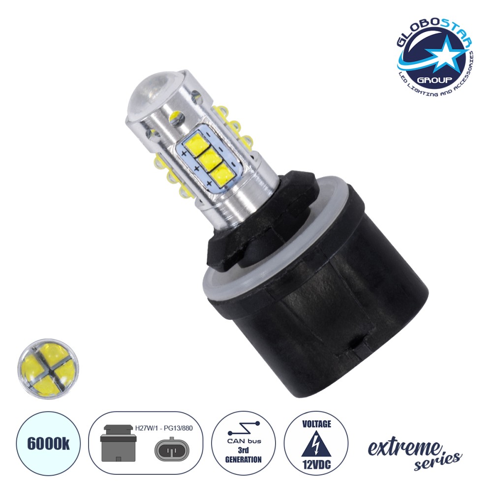 GloboStar® 81456 Λάμπα Αυτοκίνητου H27W/1 - PG13/880 3rd Generation Can-Bus Extreme Series LED 16 XBD CREE & 4 SMD 4014 12W 1800lm 360° DC 12V IP20 Ψυχρό Λευκό 6000K
