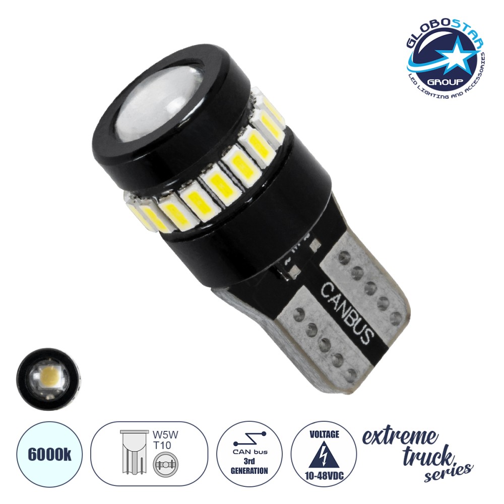 GloboStar® T10 W5W 81463 Λάμπα Αυτοκινήτου LED  3rd Generation Can-Bus Extreme Truck Series 18xSMD3014 1.8W 278lm 360° DC 10-48V IP20 Φ1.2 x Υ2.8cm Ψυχρό Λευκό 6000K