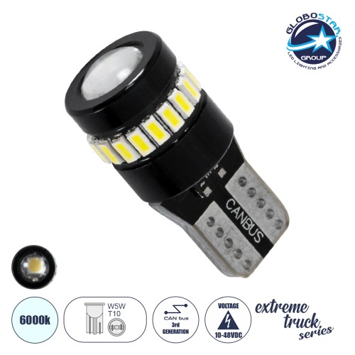 GloboStar® T10 W5W 81463 Λάμπα Αυτοκινήτου LED  3rd Generation Can-Bus Extreme Truck Series 18xSMD3014 1.8W 278lm 360° DC 10-48V IP20 Φ1.2 x Υ2.8cm Ψυχρό Λευκό 6000K