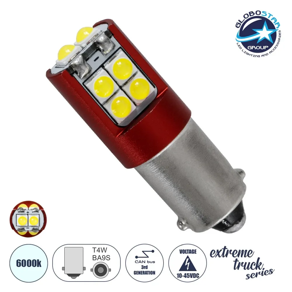 GloboStar® 81464 Λάμπα Αυτοκινήτου LED BA9s - T4W 3rd Generation Can-Bus Extreme Truck Series 10xSMD3535 2.2W 406lm 360° DC 10-45V IP20 Φ1.1 x Υ3.2cm Ψυχρό Λευκό 6000K