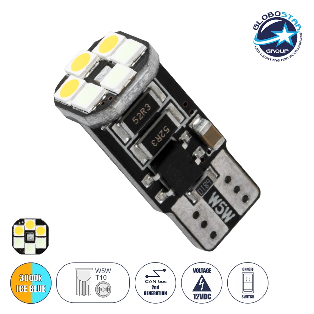 GloboStar® T10 W5W 81466 Λάμπα Αυτοκινήτου LED 3 Stage Color Change by Switch On/Off  2rd Generation Can-Bus Series 10xSMD3535 1.32W 125lm 360° DC 12V IP20 Μ1 x Π1 x Υ2.5cm Θερμό Λευκό 3000K & Ice Blue