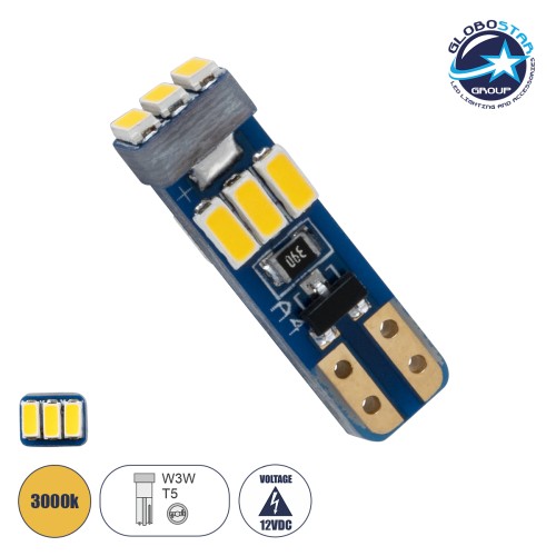 GloboStar® T5 81468 Λάμπα Αυτοκινήτου LED 9xSMD3014 0.36W 95lm 360° DC 12V IP20 Μ0.5 x Π0.4 x Υ1.8cm Θερμό Λευκό 3000K