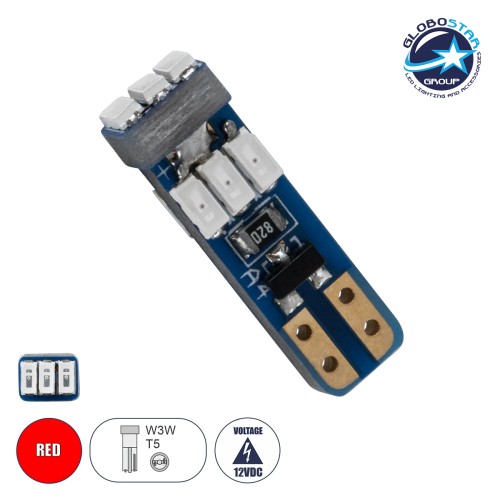 GloboStar® T5 81469 Λάμπα Αυτοκινήτου LED 9xSMD3014 0.36W 75lm 360° DC 12V IP20 Μ0.5 x Π0.4 x Υ1.8cm Κόκκινο