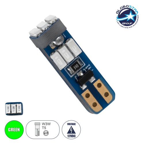 GloboStar® T5 81470 Λάμπα Αυτοκινήτου LED 9xSMD3014 0.36W 75lm 360° DC 12V IP20 Μ0.5 x Π0.4 x Υ1.8cm Πράσινο