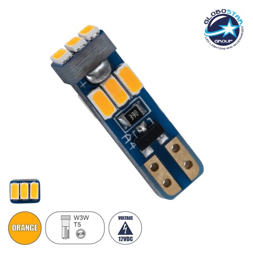 GloboStar® T5 81472 Λάμπα Αυτοκινήτου LED 9xSMD3014 0.36W 75lm 360° DC 12V IP20 Μ0.5 x Π0.4 x Υ1.8cm Πορτοκαλί