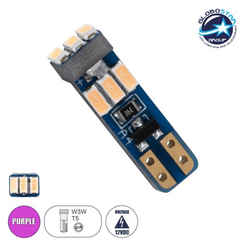 GloboStar® T5 81474 Λάμπα Αυτοκινήτου LED 9xSMD3014 0.36W 75lm 360° DC 12V IP20 Μ0.5 x Π0.4 x Υ1.8cm Φούξια