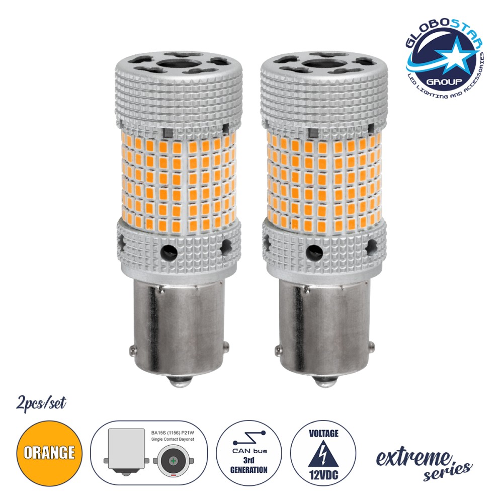 GloboStar® 1156 - BA15S - P21W 81477-B Λάμπες Αυτοκινήτου LED  3rd Generation Can-Bus Extreme Series 150xSMD2016 28W/56W 1815lm/3630lm 360° DC 12V IP20 Φ2.1 x Υ5.5cm Πορτοκαλί - Σετ 2 Τεμαχίων σε Box
