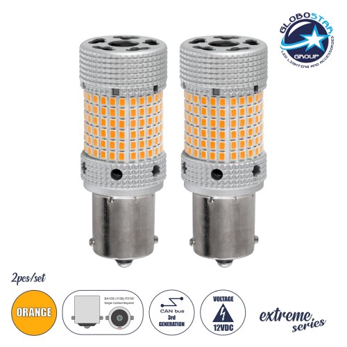 GloboStar® 1156 - BA15S - P21W 81477-B Λάμπες Αυτοκινήτου LED  3rd Generation Can-Bus Extreme Series 150xSMD2016 28W/56W 1815lm/3630lm 360° DC 12V IP20 Φ2.1 x Υ5.5cm Πορτοκαλί - Σετ 2 Τεμαχίων σε Box