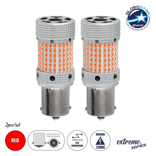 GloboStar® 1156 - BA15S - P21W 81478-B Λάμπες Αυτοκινήτου LED  3rd Generation Can-Bus Extreme Series 150xSMD2016 28W/56W 520lm/1040lm 360° DC 12V IP20 Φ2.1 x Υ5.5cm Κόκκινο - Σετ 2 Τεμαχίων σε Box