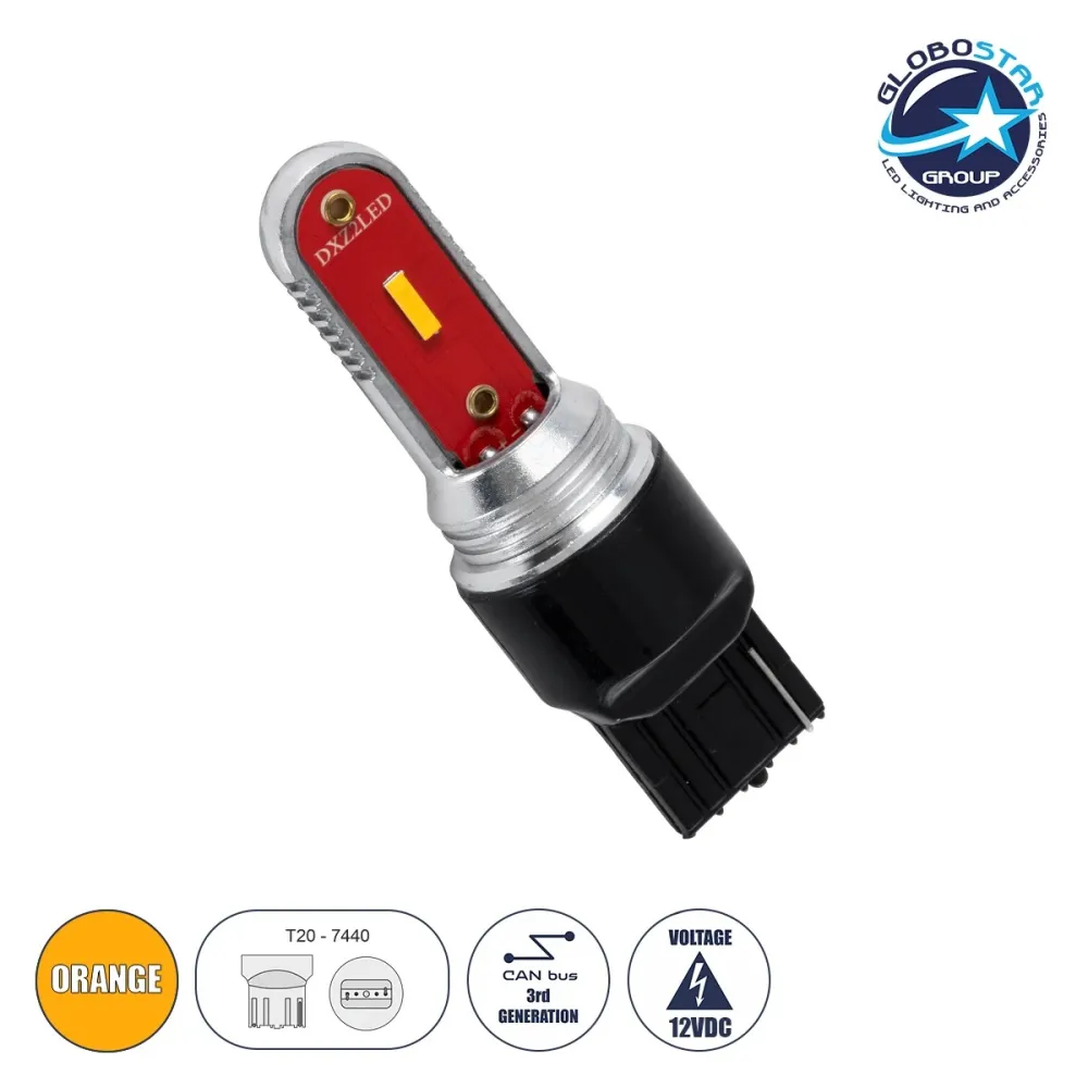 GloboStar® 81499 Λάμπα Αυτοκίνητου T20 - 7440 - W21W 3rd Generation Can-Bus Extreme Series LED 2 DUO DXZ 9W 375lm 240° DC 12V IP20 Πορτοκαλί