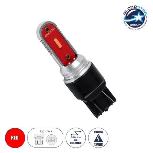 GloboStar® 81500 Λάμπα Αυτοκίνητου T20 - 7443 - W21/5W 3rd Generation Can-Bus Extreme Series LED 2 DUO DXZ 9W 205lm 240° DC 12V IP20 Κόκκινο