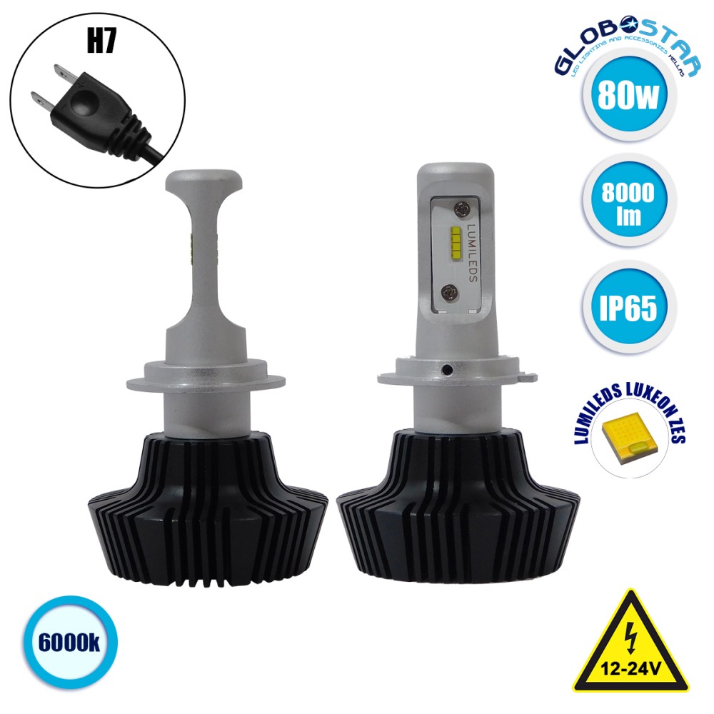 GloboStar® 81664 H7 LED HID KIT Βασικού Φωτισμού 3rd Generation Can Bus Extreme Version Luxeon Zes Chip 80 Watt 8000 Lumens DC 12-24 Volt 6000k