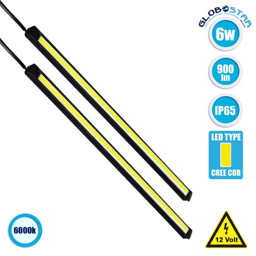GloboStar® 81721 Σετ 2 Μπάρες Αλουμινίου DRL LED CREE COB 6W 600lm 120° DC 12V Αδιάβροχες IP65 Ψυχρό Λευκό 6000K