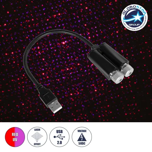 GloboStar® 81845-DUAL Διακοσμητικό Φωτιστικό Ειδικών Φωτορυθμικών Εφέ PARTY Disco LASER DC 5V με Καλώδιο Τροφοδοσίας USB Κόκκινο IP20 Μ3.5 x Π3.5 x Υ21.5cm