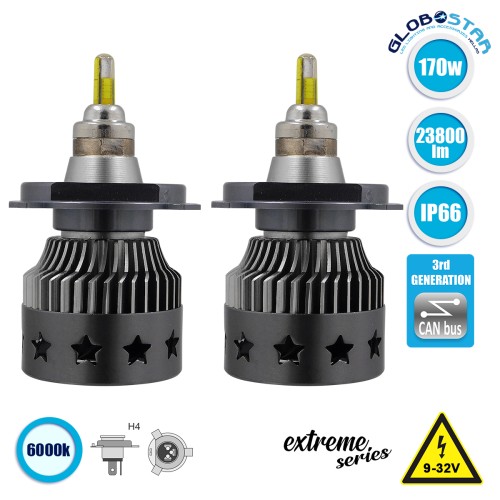 GloboStar® 82062 H4 360° Line Extreme KIT Βασικού Φωτισμού Αυτοκινήτου & Φορτηγού 3rd Generation Can-Bus Extreme Truck Series LED CREE CXB COB 170W 23800lm DC 9-32V Αδιάβροχο IP66 Ψυχρό Λευκό 6000K